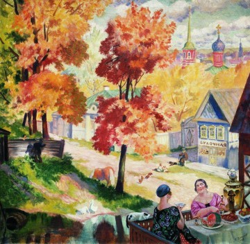 automne dans la province thé 1926 Boris Mikhailovich Kustodiev paysage de jardin Peinture à l'huile